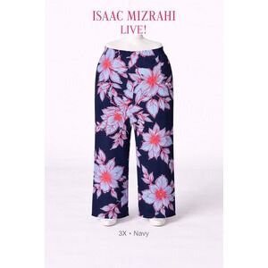 Isaac Mizrahi Live! Womens 3X Navy Floral Stretch Crepe Wide Leg Pull On Pants